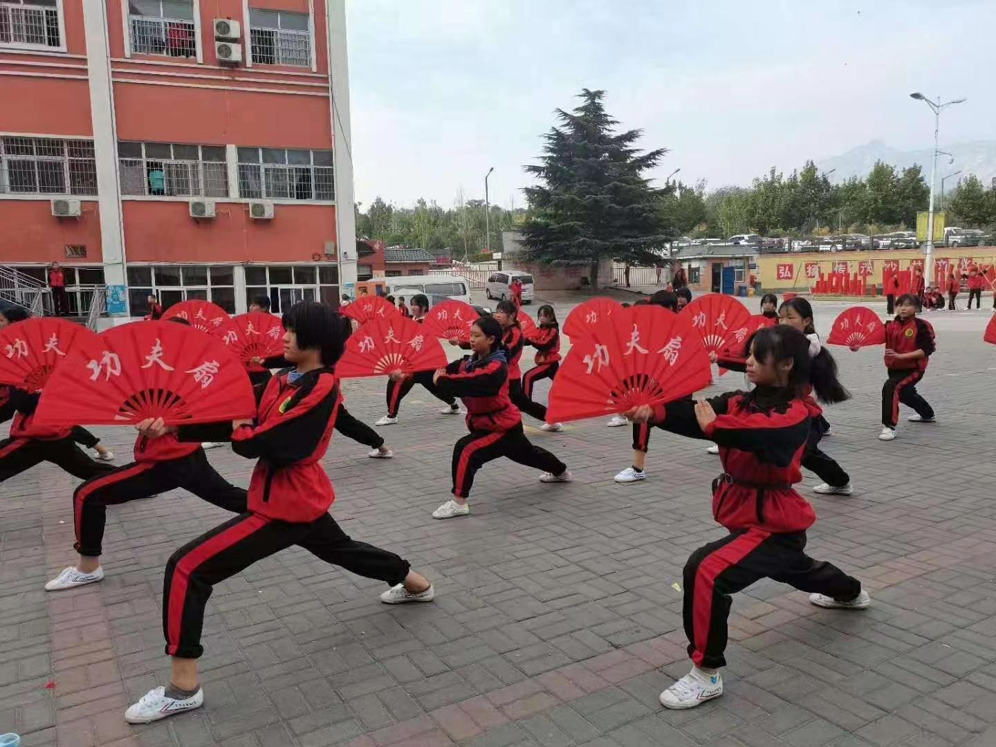 河南少林寺武术学校的学员在练习武术
